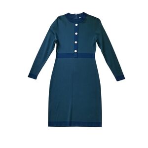 Blue Buttoned Sheath Dress with Long Sleeves and Mandarin Collar for Work